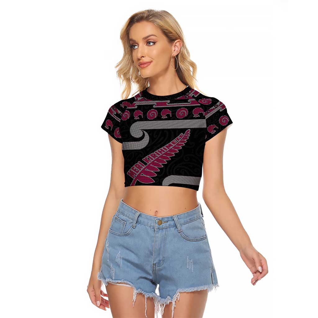 New Zealand Christmas Raglan Cropped T Shirt Meri Kirihimete Silver Fern Knit Style Pink Color - Polynesian Pride