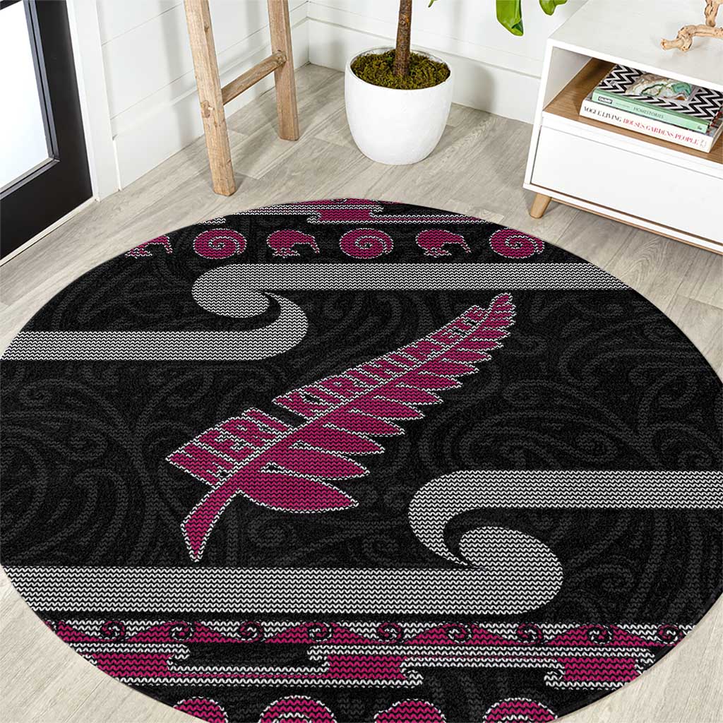 New Zealand Christmas Round Carpet Meri Kirihimete Silver Fern Knit Style Pink Color - Polynesian Pride