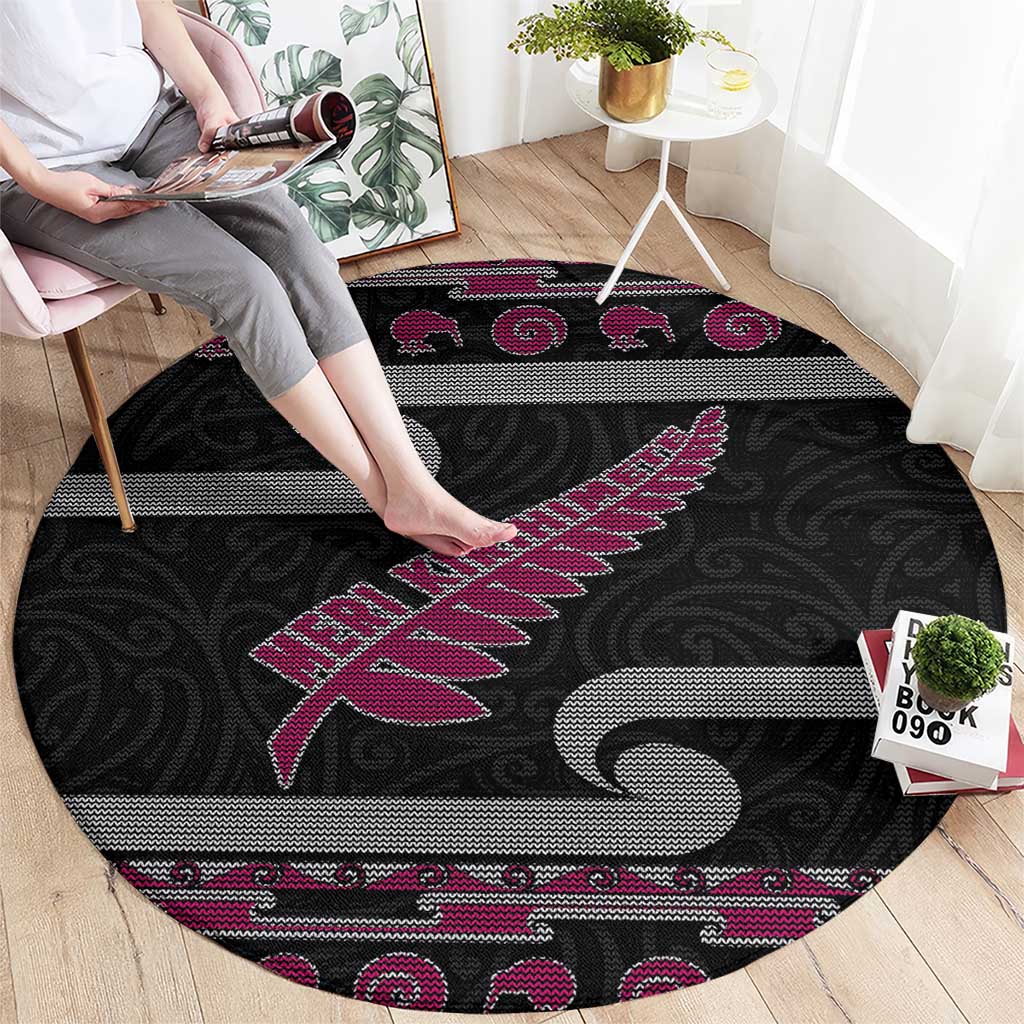 New Zealand Christmas Round Carpet Meri Kirihimete Silver Fern Knit Style Pink Color LT03 - Polynesian Pride