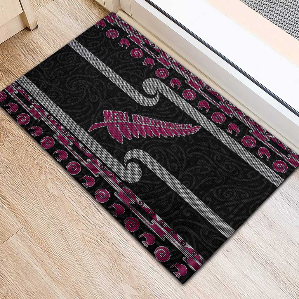 New Zealand Christmas Rubber Doormat Meri Kirihimete Silver Fern Knit Style Pink Color - Polynesian Pride
