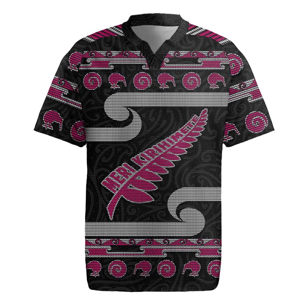New Zealand Christmas Rugby Jersey Meri Kirihimete Silver Fern Knit Style Pink Color - Polynesian Pride