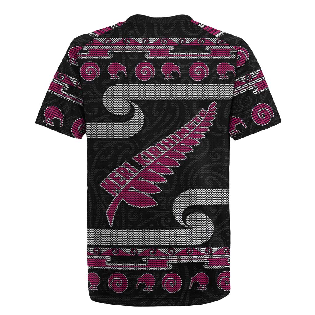 New Zealand Christmas Rugby Jersey Meri Kirihimete Silver Fern Knit Style Pink Color LT03 - Polynesian Pride