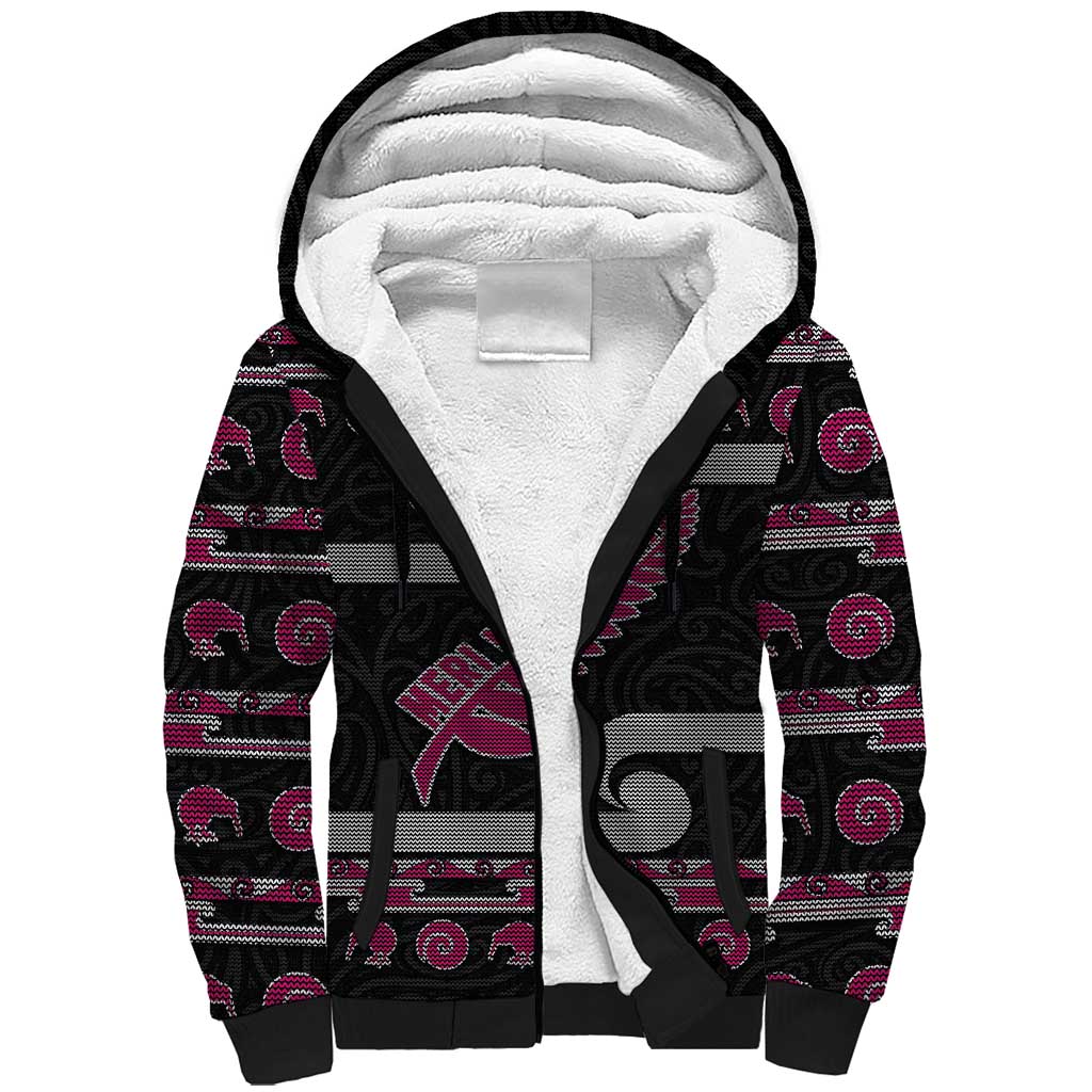 New Zealand Christmas Sherpa Hoodie Meri Kirihimete Silver Fern Knit Style Pink Color LT03 Unisex Pink - Polynesian Pride