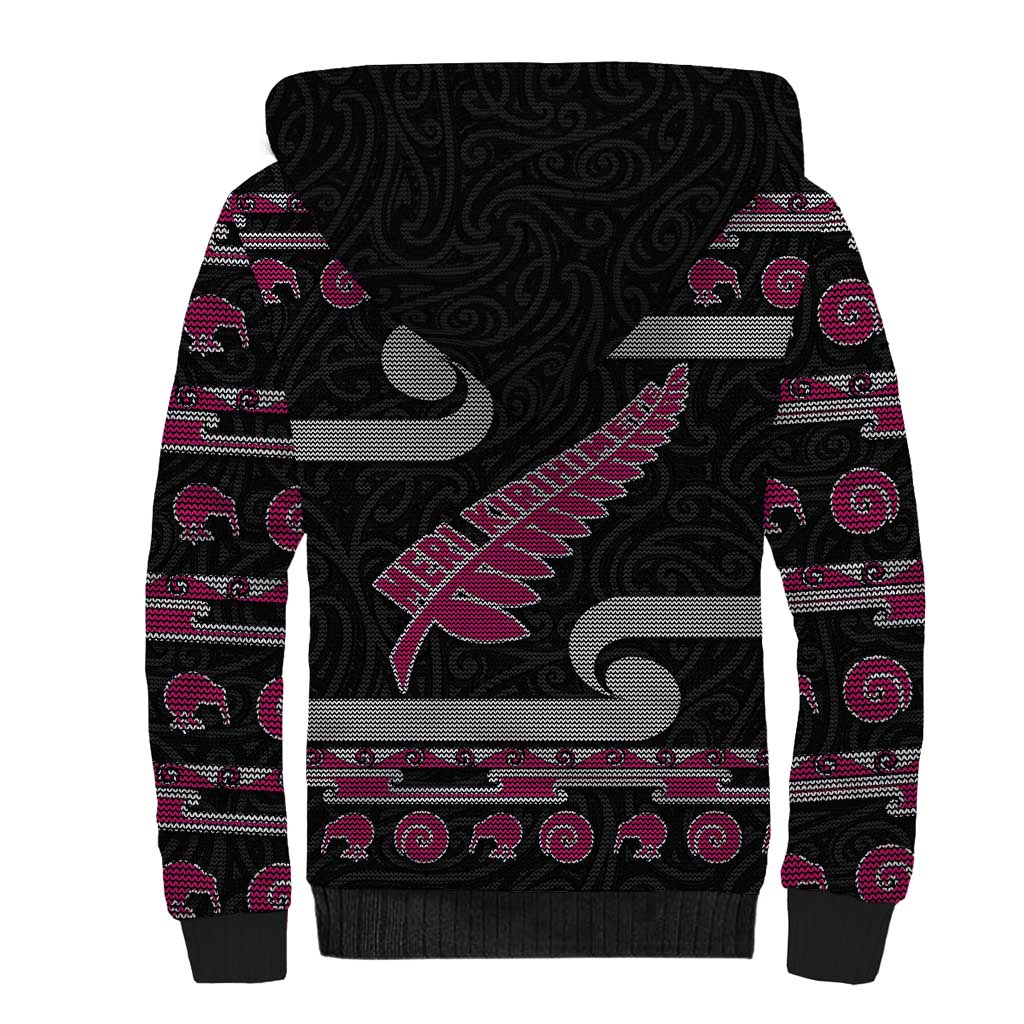 New Zealand Christmas Sherpa Hoodie Meri Kirihimete Silver Fern Knit Style Pink Color LT03 - Polynesian Pride