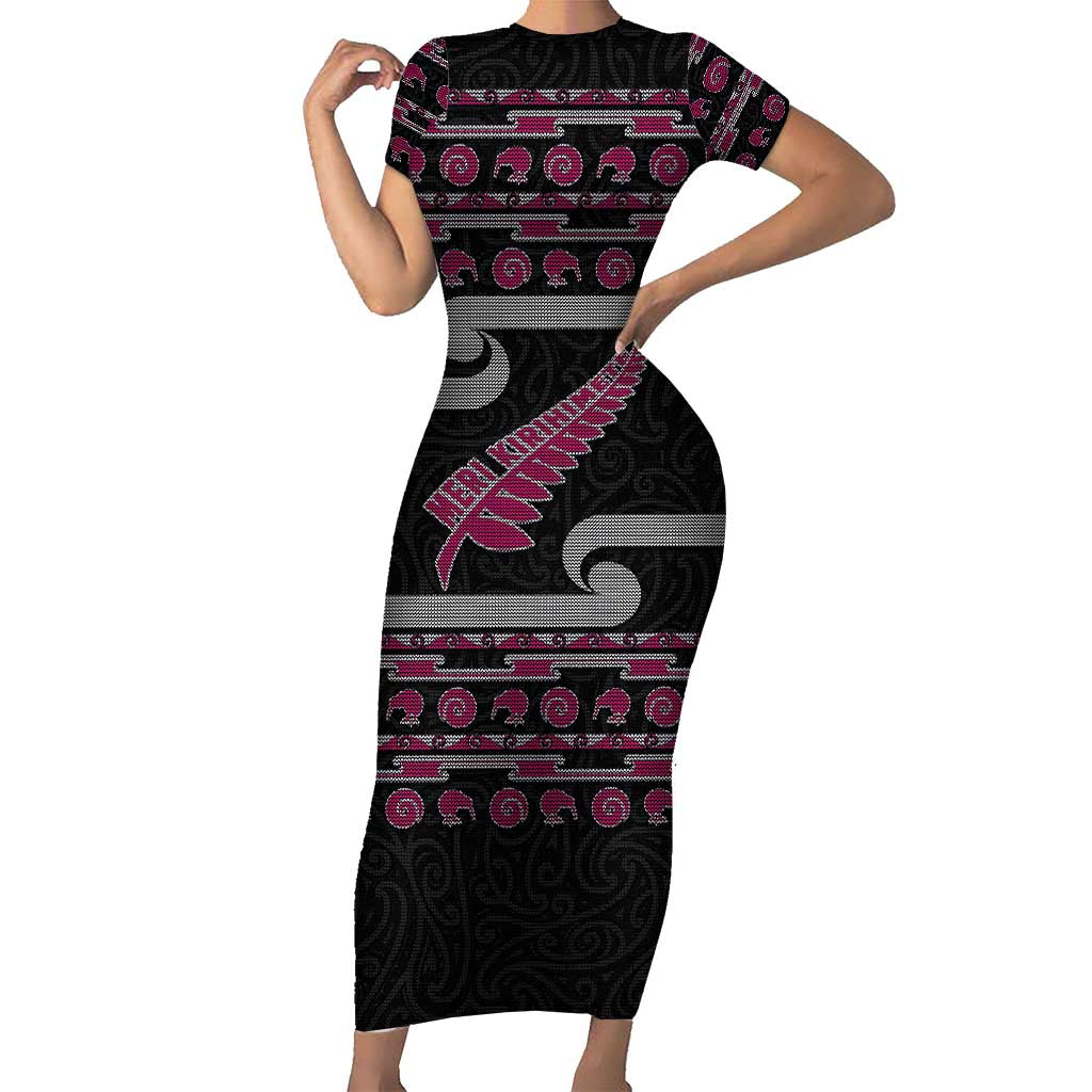 New Zealand Christmas Short Sleeve Bodycon Dress Meri Kirihimete Silver Fern Knit Style Pink Color LT03 Long Dress Pink - Polynesian Pride
