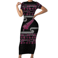 New Zealand Christmas Short Sleeve Bodycon Dress Meri Kirihimete Silver Fern Knit Style Pink Color LT03 Long Dress Pink - Polynesian Pride