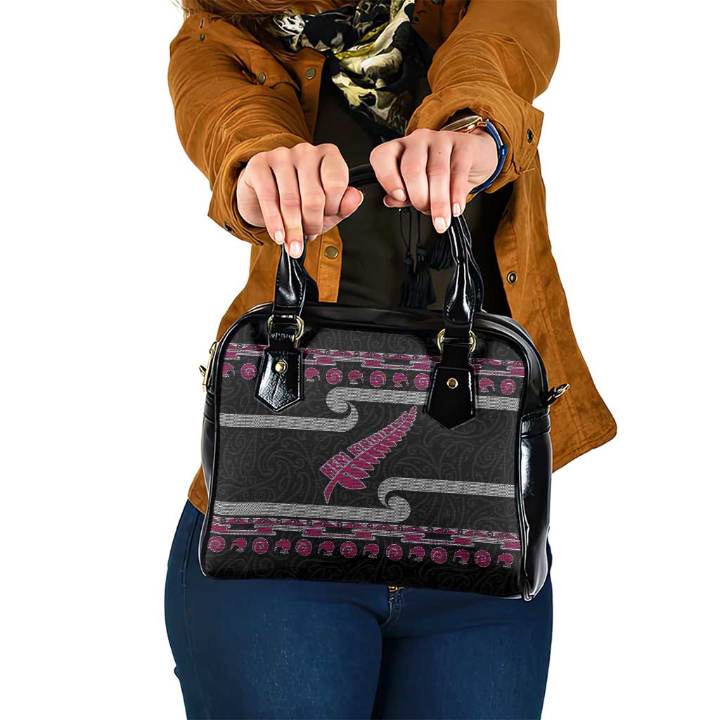 New Zealand Christmas Shoulder Handbag Meri Kirihimete Silver Fern Knit Style Pink Color LT03 One Size Pink - Polynesian Pride