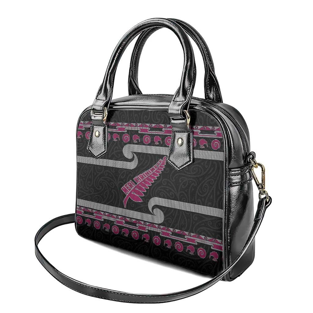 New Zealand Christmas Shoulder Handbag Meri Kirihimete Silver Fern Knit Style Pink Color LT03 - Polynesian Pride