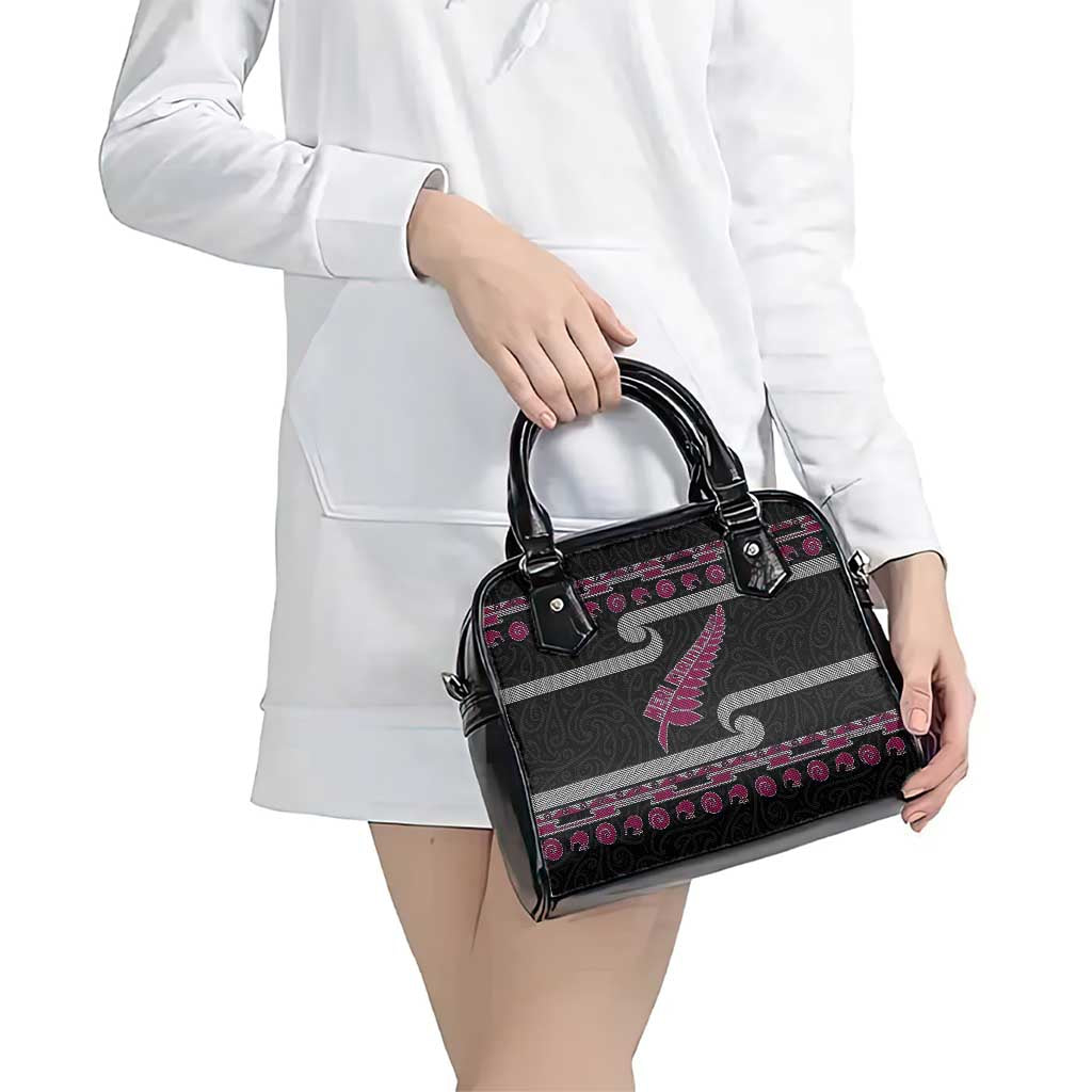 New Zealand Christmas Shoulder Handbag Meri Kirihimete Silver Fern Knit Style Pink Color LT03 - Polynesian Pride