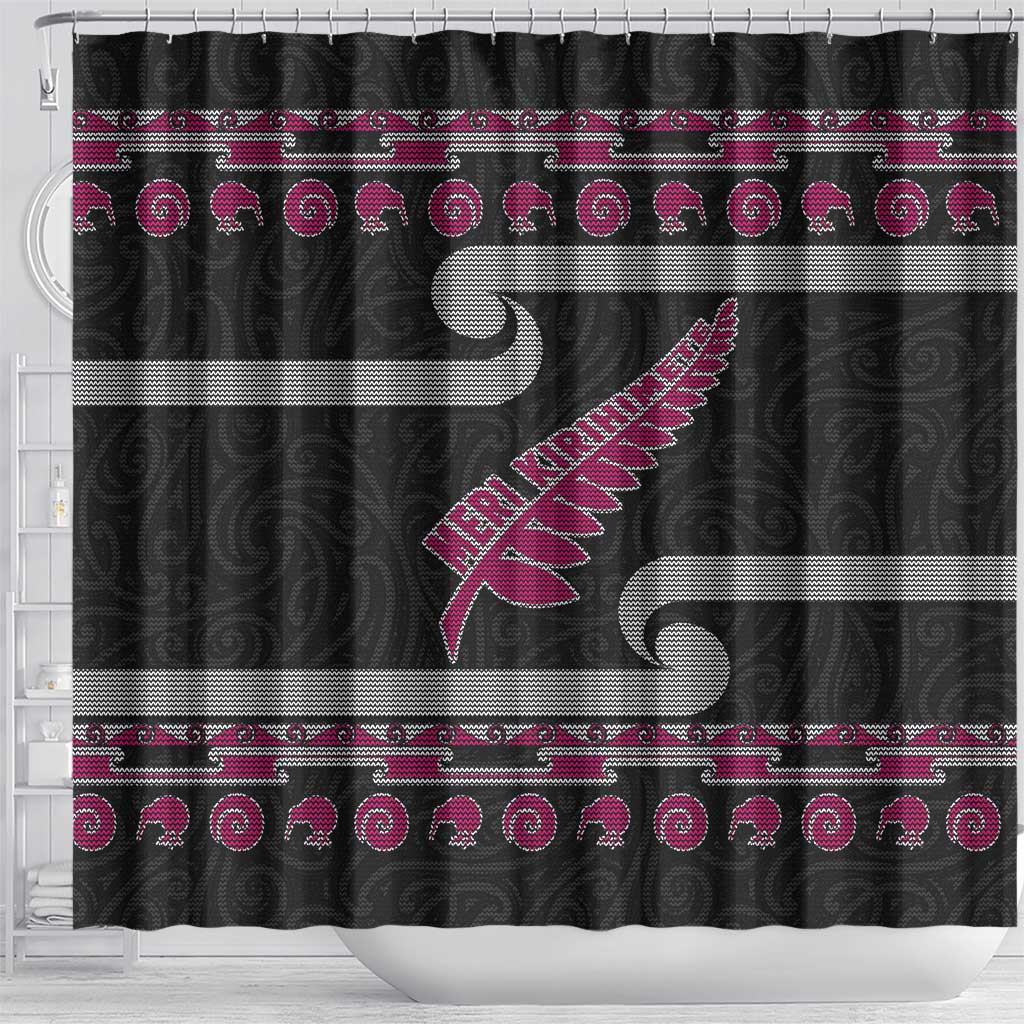 New Zealand Christmas Shower Curtain Meri Kirihimete Silver Fern Knit Style Pink Color LT03 - Polynesian Pride