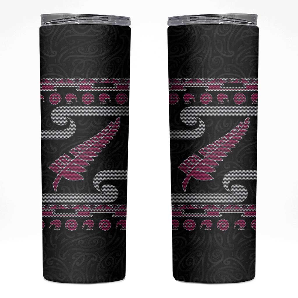 New Zealand Christmas Skinny Tumbler Meri Kirihimete Silver Fern Knit Style Pink Color LT03 Pink - Polynesian Pride
