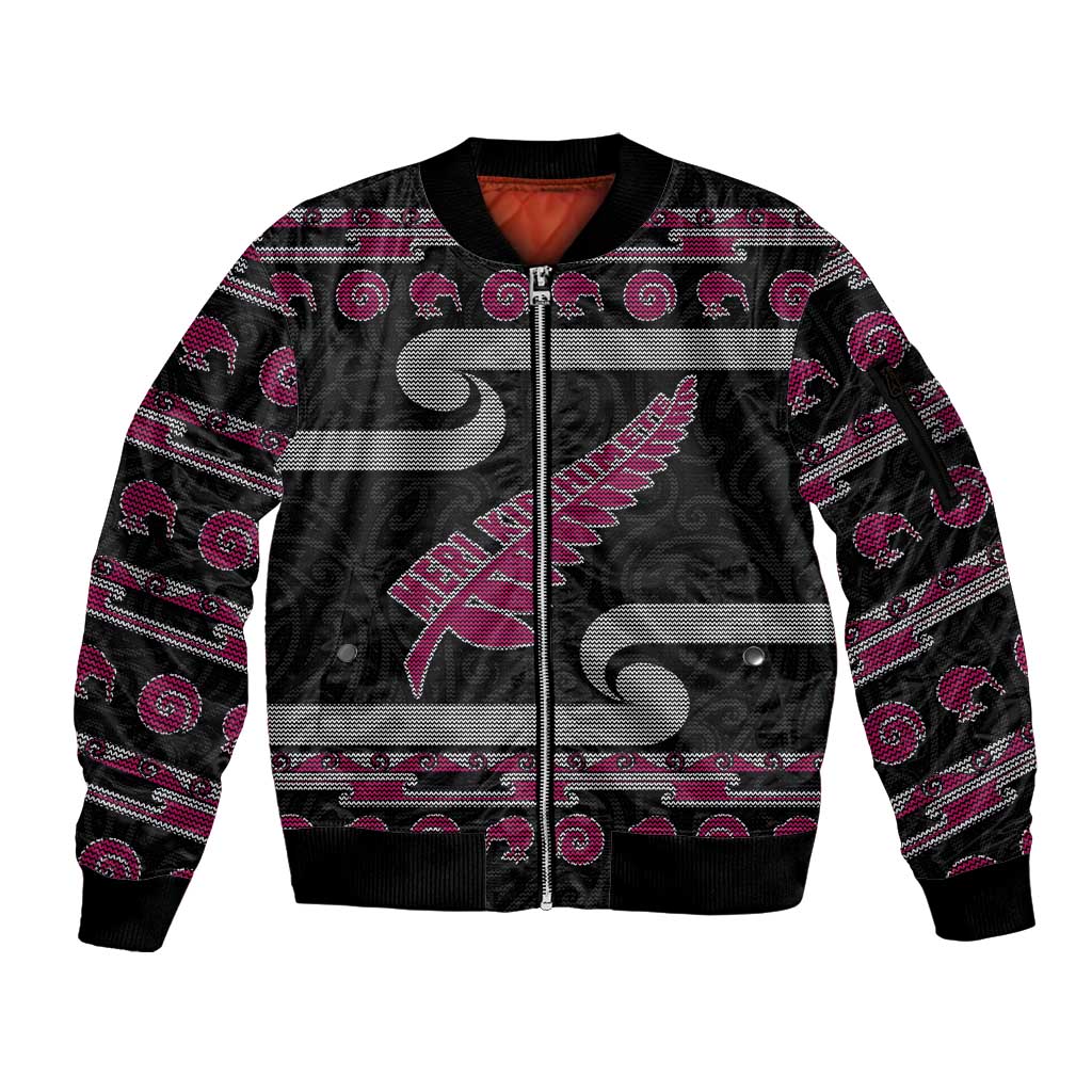 New Zealand Christmas Sleeve Zip Bomber Jacket Meri Kirihimete Silver Fern Knit Style Pink Color LT03 Unisex Pink - Polynesian Pride