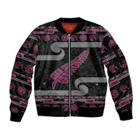 New Zealand Christmas Sleeve Zip Bomber Jacket Meri Kirihimete Silver Fern Knit Style Pink Color LT03 Unisex Pink - Polynesian Pride