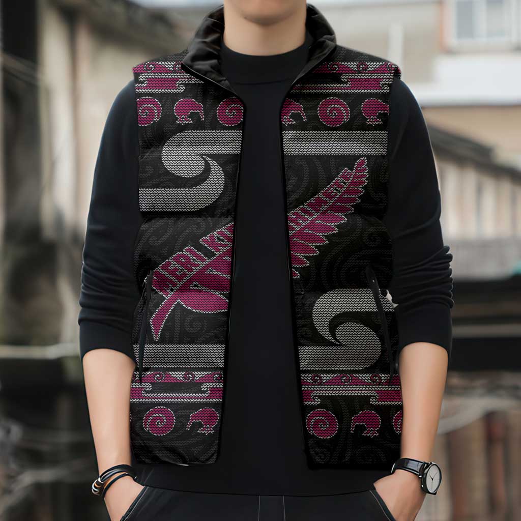 New Zealand Christmas Sleeveless Puffer Jacket Meri Kirihimete Silver Fern Knit Style Pink Color - Polynesian Pride