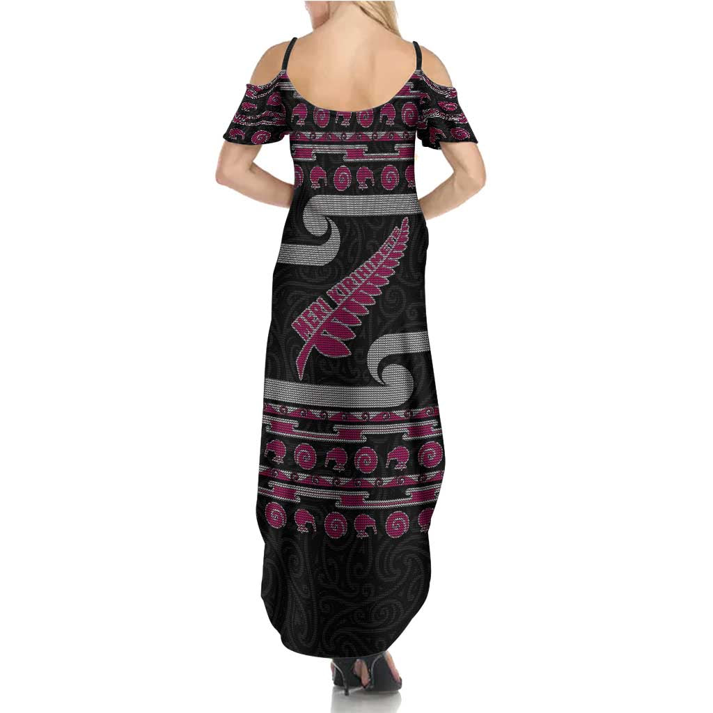 New Zealand Christmas Summer Maxi Dress Meri Kirihimete Silver Fern Knit Style Pink Color LT03 - Polynesian Pride