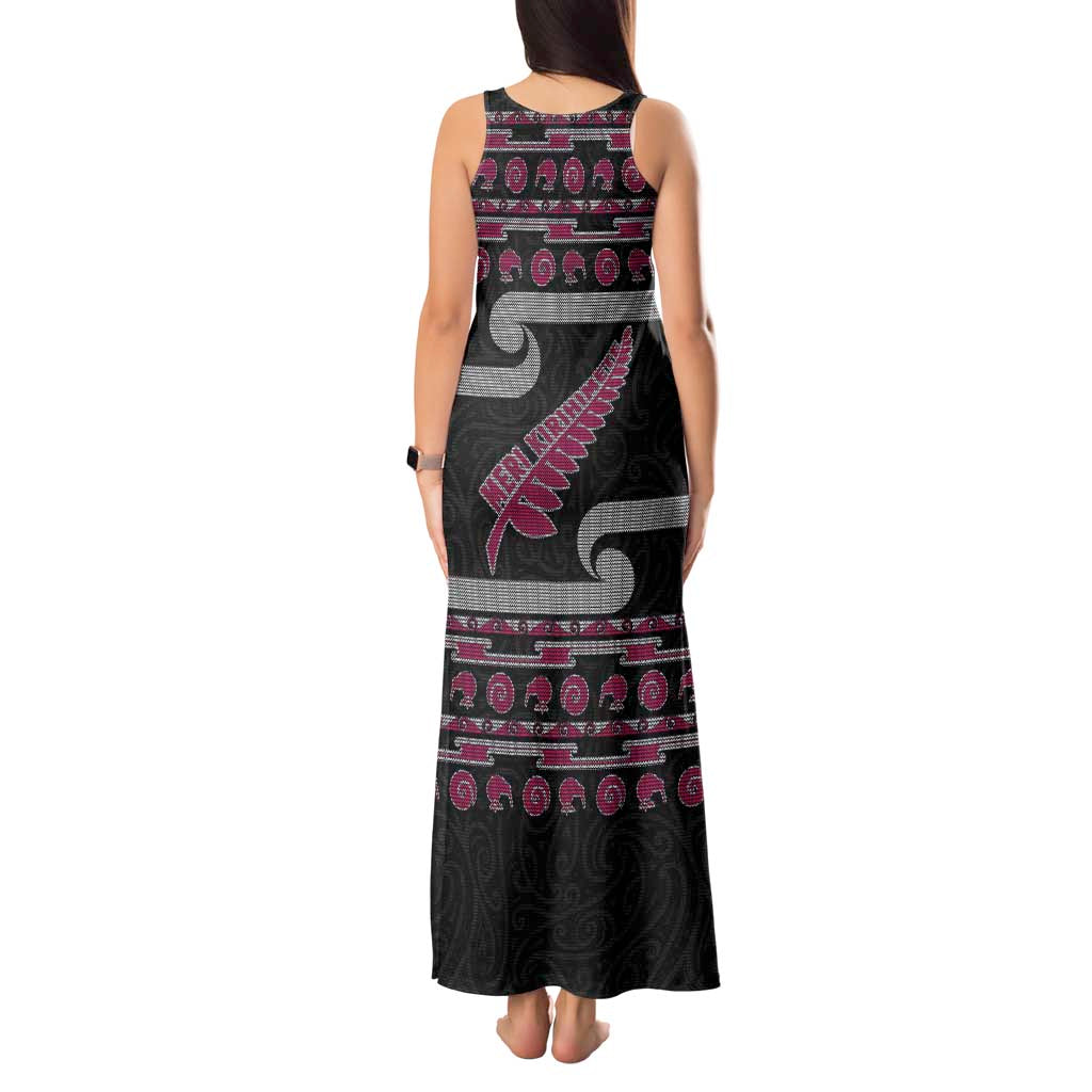 New Zealand Christmas Tank Maxi Dress Meri Kirihimete Silver Fern Knit Style Pink Color LT03 - Polynesian Pride