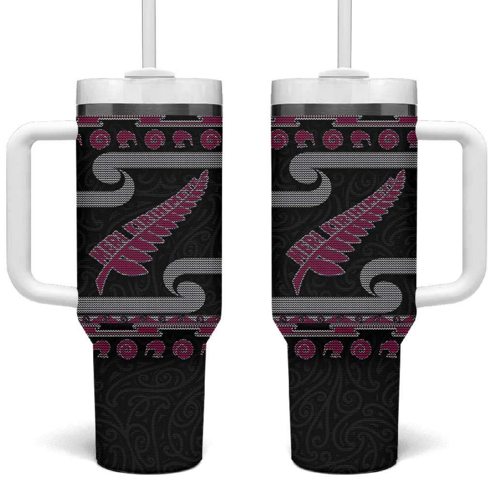New Zealand Christmas Tumbler With Handle Meri Kirihimete Silver Fern Knit Style Pink Color - Polynesian Pride