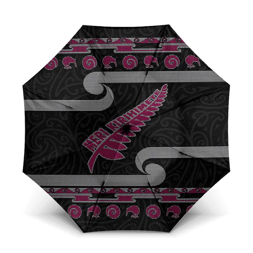 New Zealand Christmas Umbrella Meri Kirihimete Silver Fern Knit Style Pink Color LT03 One Size Folded 11.42 inch Opened Diameter 37.4 inch Pink - Polynesian Pride