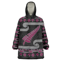 New Zealand Christmas Wearable Blanket Hoodie Meri Kirihimete Silver Fern Knit Style Pink Color LT03 One Size Pink - Polynesian Pride