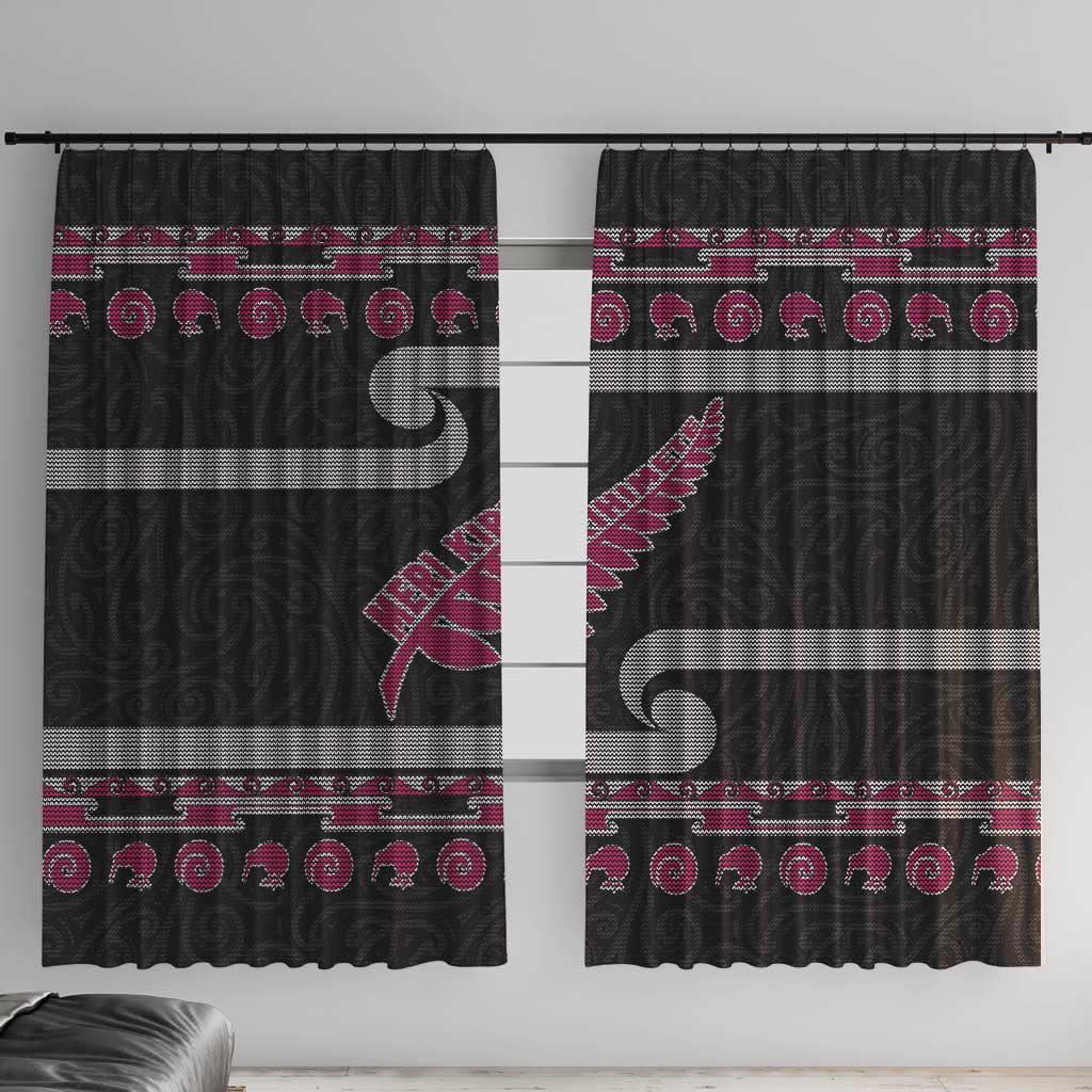 New Zealand Christmas Window Curtain Meri Kirihimete Silver Fern Knit Style Pink Color - Polynesian Pride