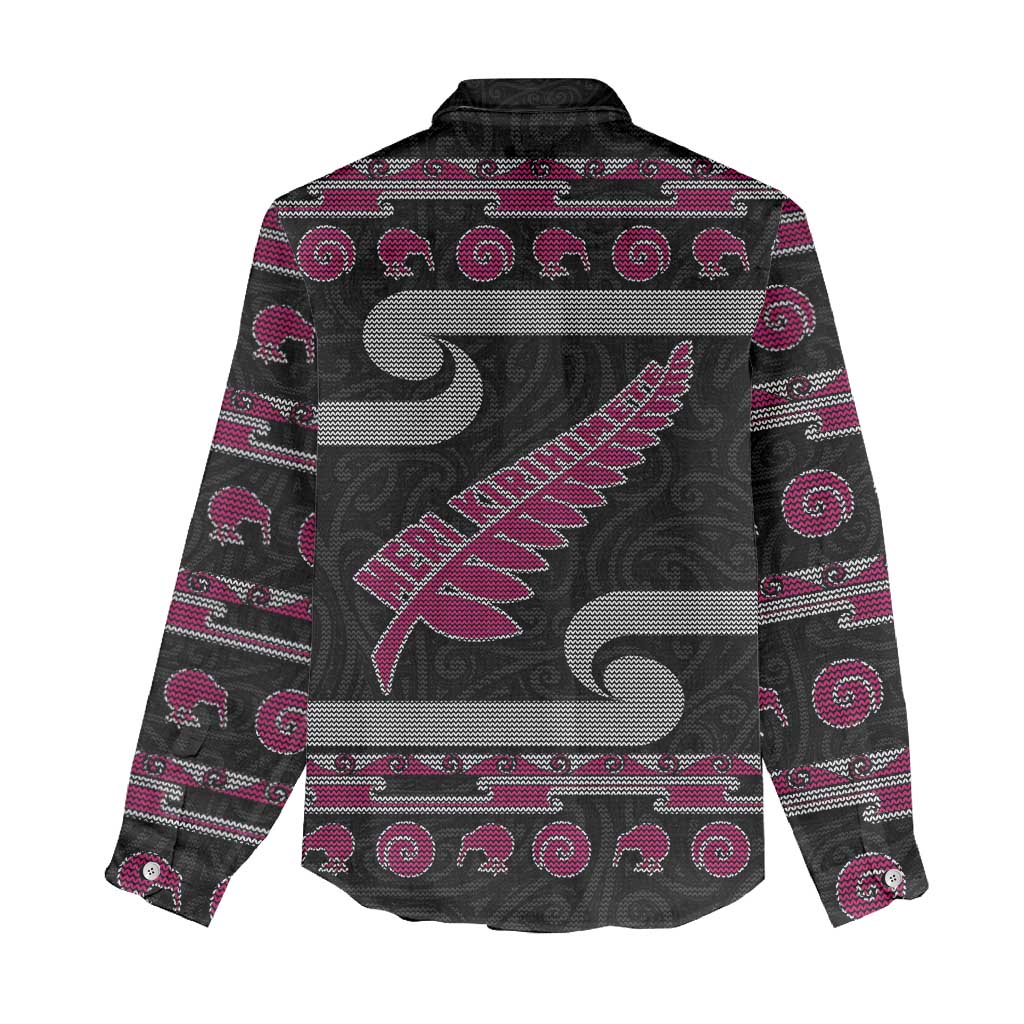 New Zealand Christmas Women Casual Shirt Meri Kirihimete Silver Fern Knit Style Pink Color LT03 - Polynesian Pride