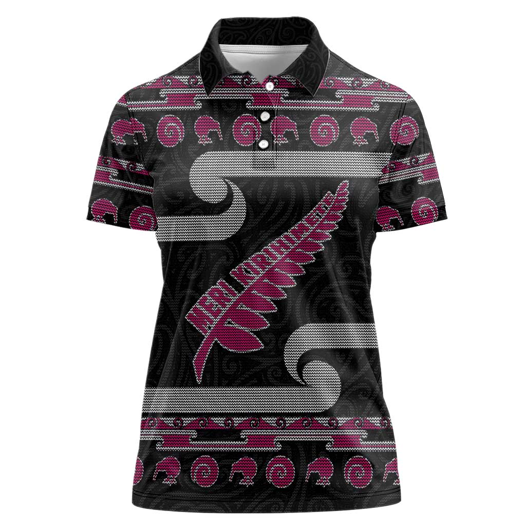 New Zealand Christmas Women Polo Shirt Meri Kirihimete Silver Fern Knit Style Pink Color LT03 Female Pink - Polynesian Pride