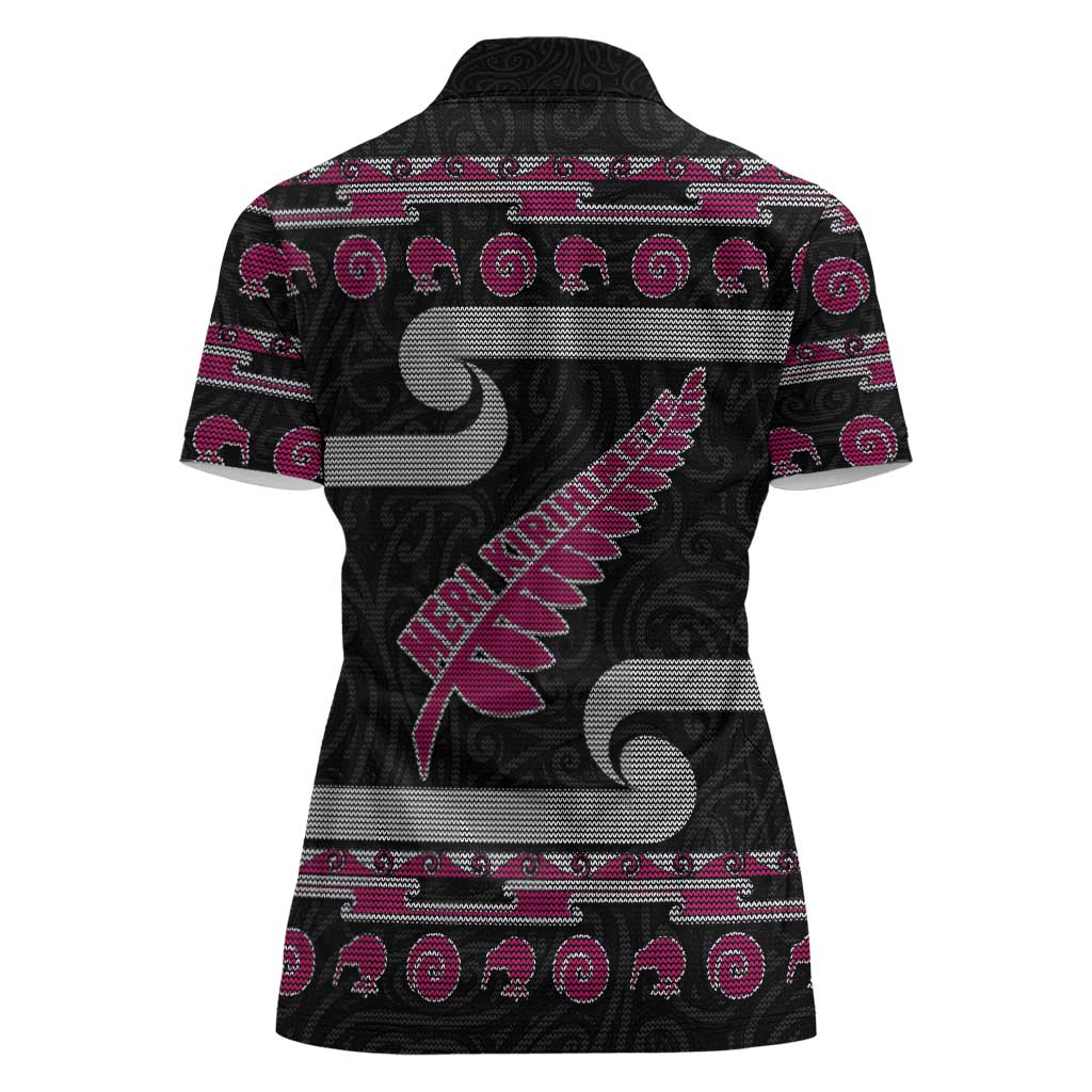 New Zealand Christmas Women Polo Shirt Meri Kirihimete Silver Fern Knit Style Pink Color LT03 - Polynesian Pride