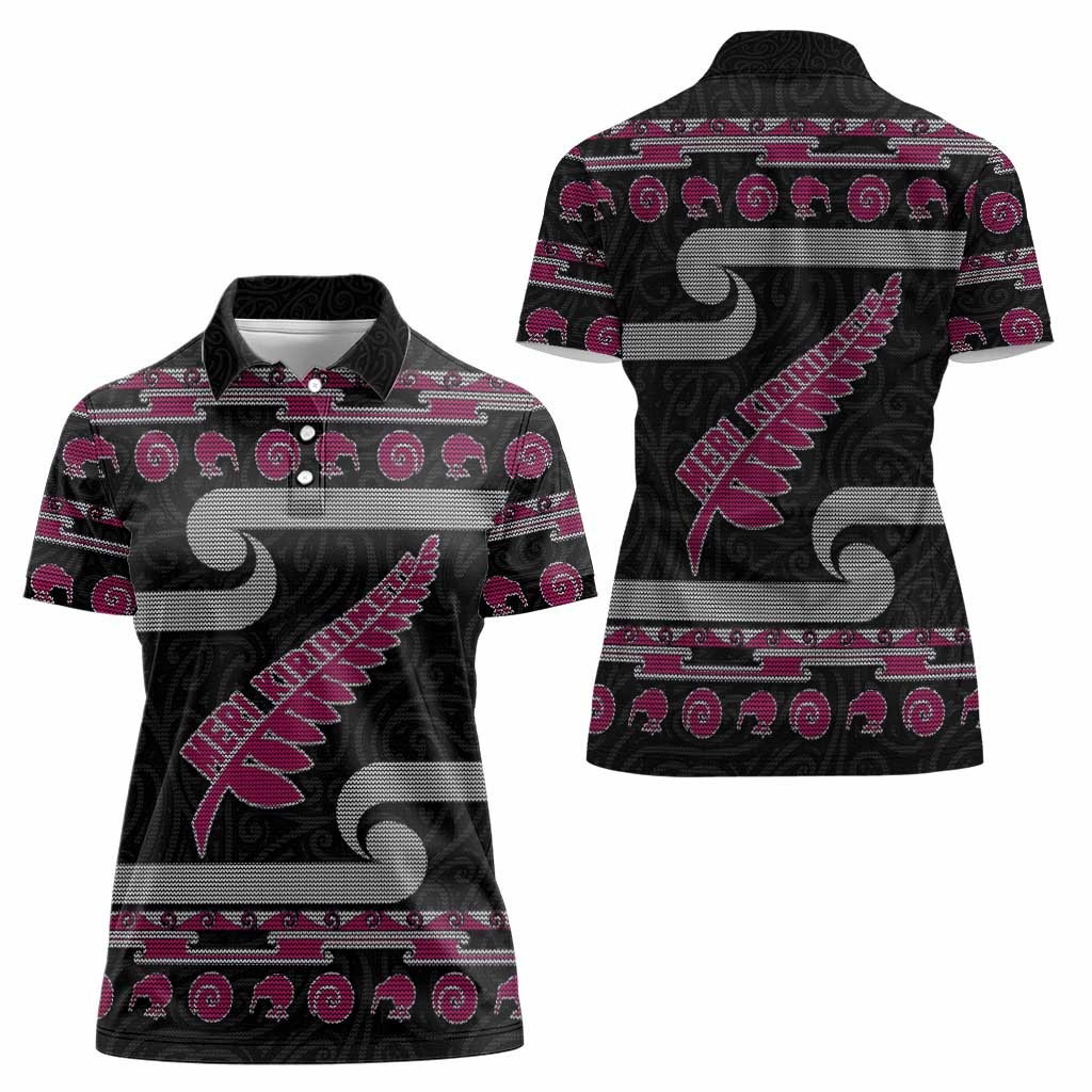 New Zealand Christmas Women Polo Shirt Meri Kirihimete Silver Fern Knit Style Pink Color LT03 - Polynesian Pride
