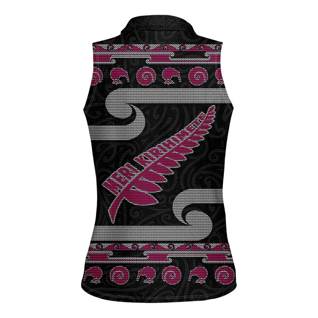 New Zealand Christmas Women Sleeveless Polo Shirt Meri Kirihimete Silver Fern Knit Style Pink Color - Polynesian Pride