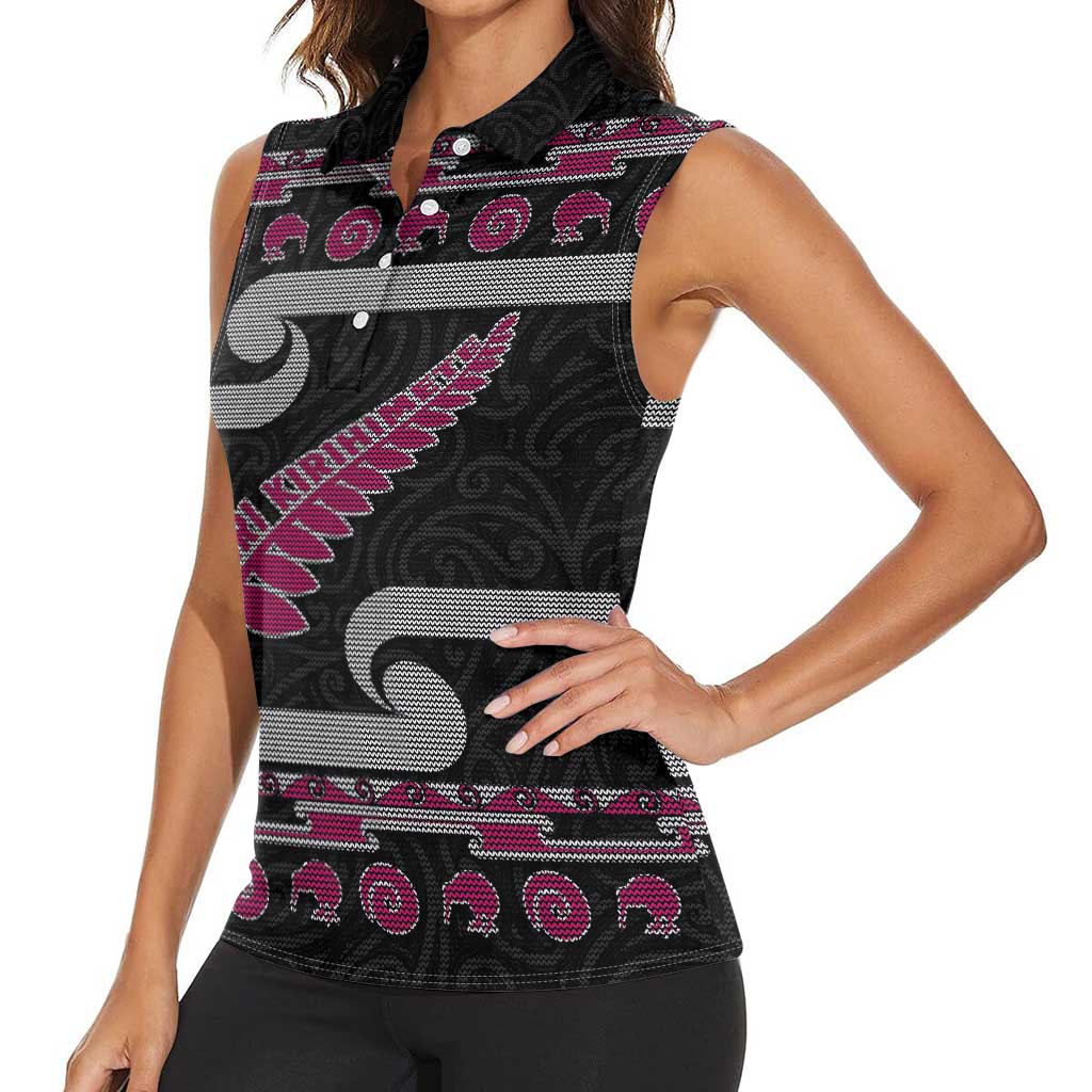 New Zealand Christmas Women Sleeveless Polo Shirt Meri Kirihimete Silver Fern Knit Style Pink Color - Polynesian Pride
