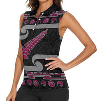 New Zealand Christmas Women Sleeveless Polo Shirt Meri Kirihimete Silver Fern Knit Style Pink Color - Polynesian Pride