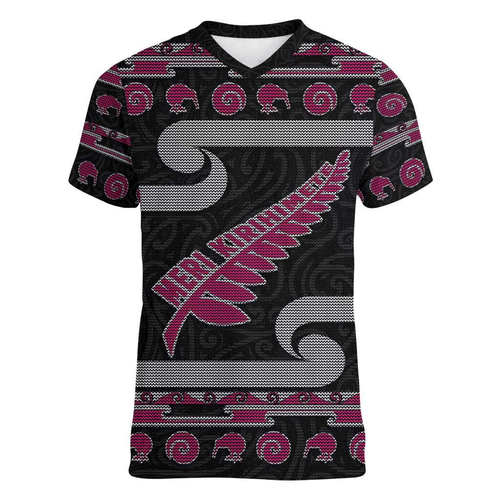 New Zealand Christmas Women V-Neck T-Shirt Meri Kirihimete Silver Fern Knit Style Pink Color LT03 Female Pink - Polynesian Pride