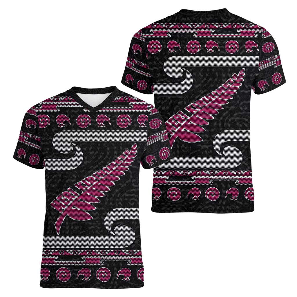 New Zealand Christmas Women V-Neck T-Shirt Meri Kirihimete Silver Fern Knit Style Pink Color LT03 - Polynesian Pride