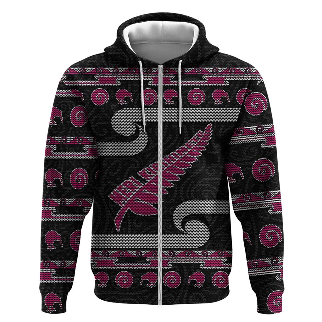 New Zealand Christmas Zip Hoodie Meri Kirihimete Silver Fern Knit Style Pink Color - Polynesian Pride