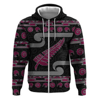 New Zealand Christmas Zip Hoodie Meri Kirihimete Silver Fern Knit Style Pink Color - Polynesian Pride