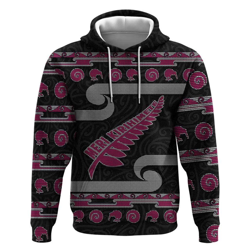 New Zealand Christmas Zip Hoodie Meri Kirihimete Silver Fern Knit Style Pink Color - Polynesian Pride