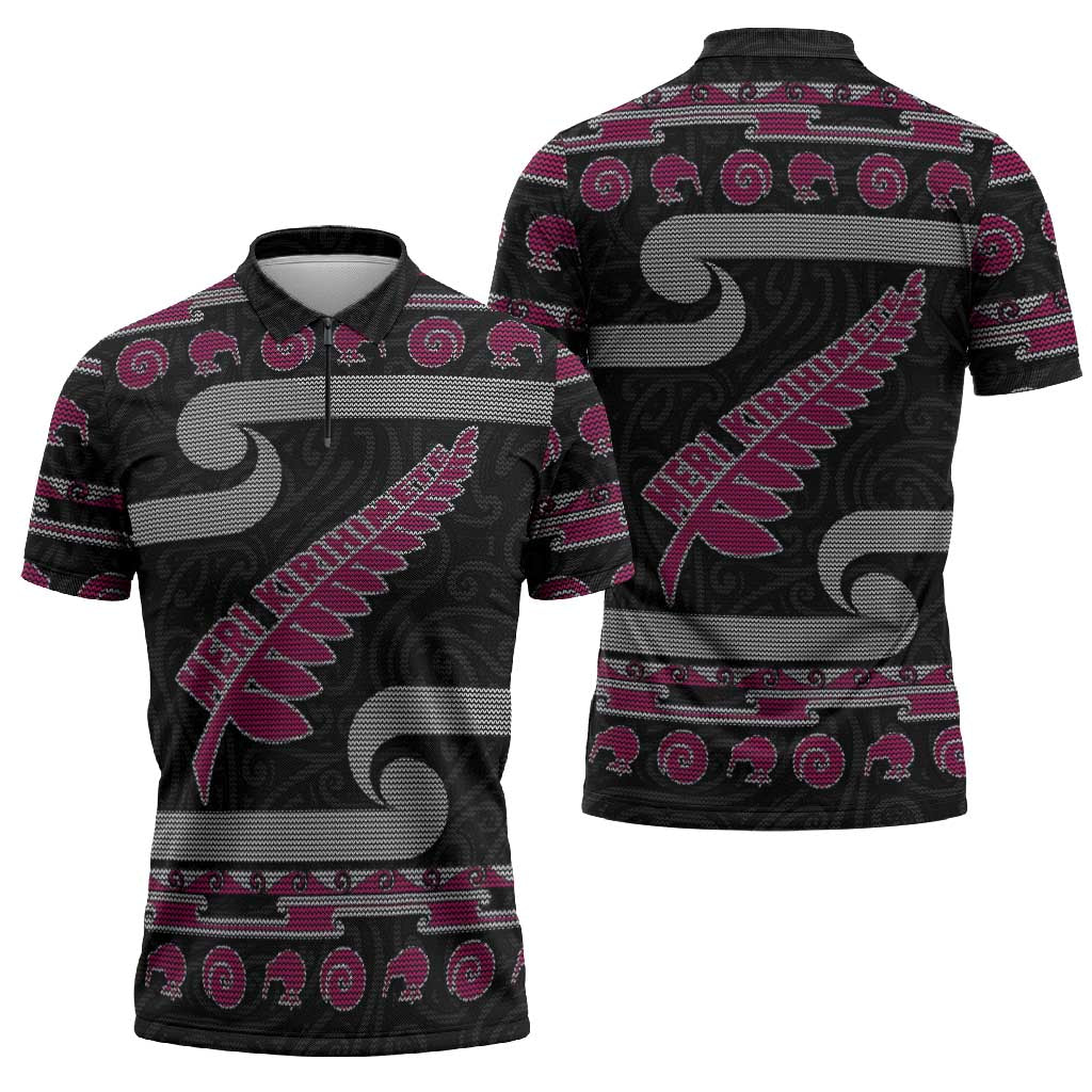 New Zealand Christmas Zipper Polo Shirt Meri Kirihimete Silver Fern Knit Style Pink Color - Polynesian Pride