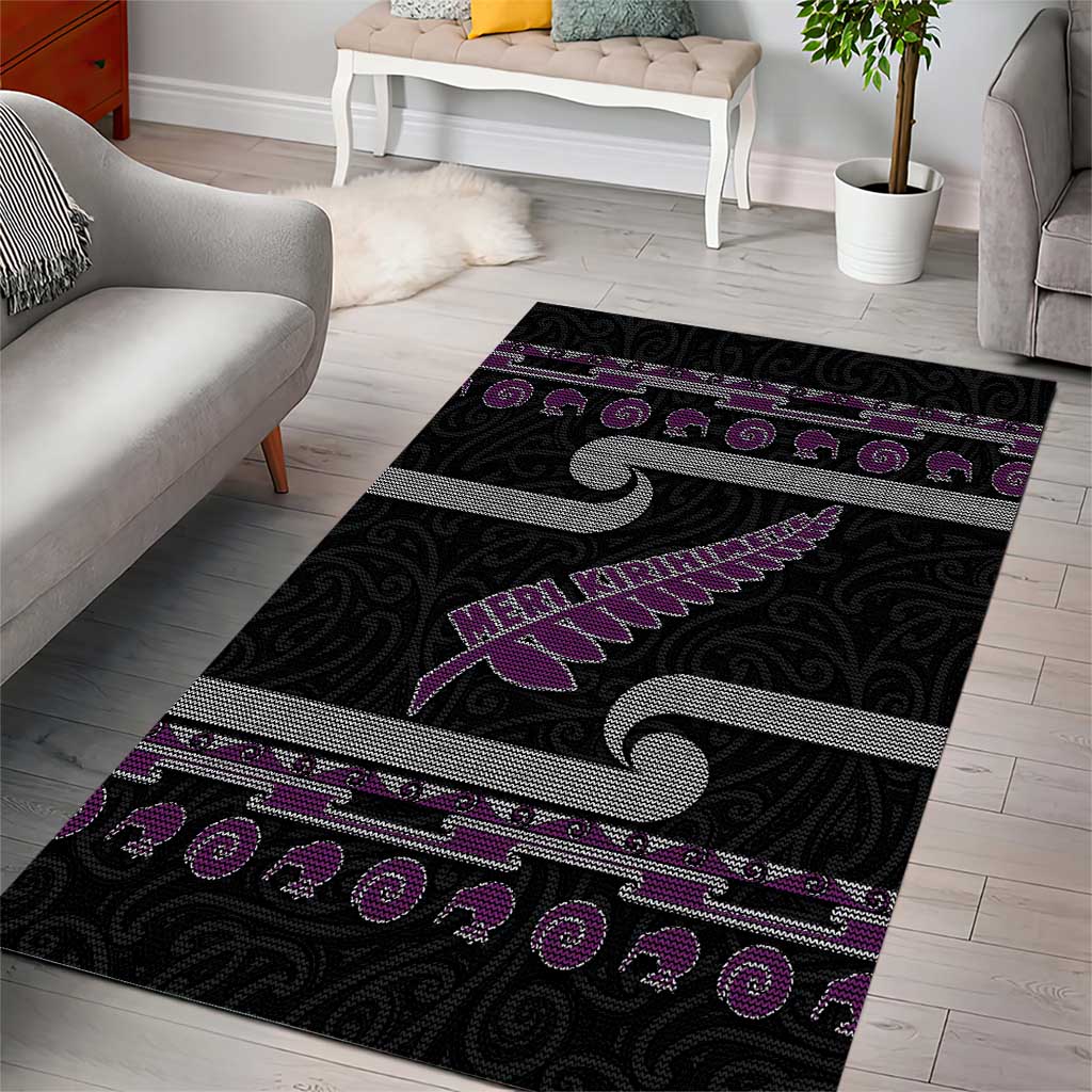 New Zealand Christmas Area Rug Meri Kirihimete Silver Fern Knit Style Purple Color LT03 - Polynesian Pride
