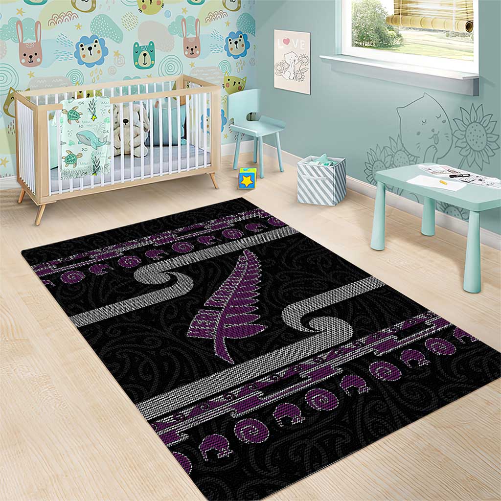 New Zealand Christmas Area Rug Meri Kirihimete Silver Fern Knit Style Purple Color LT03 - Polynesian Pride
