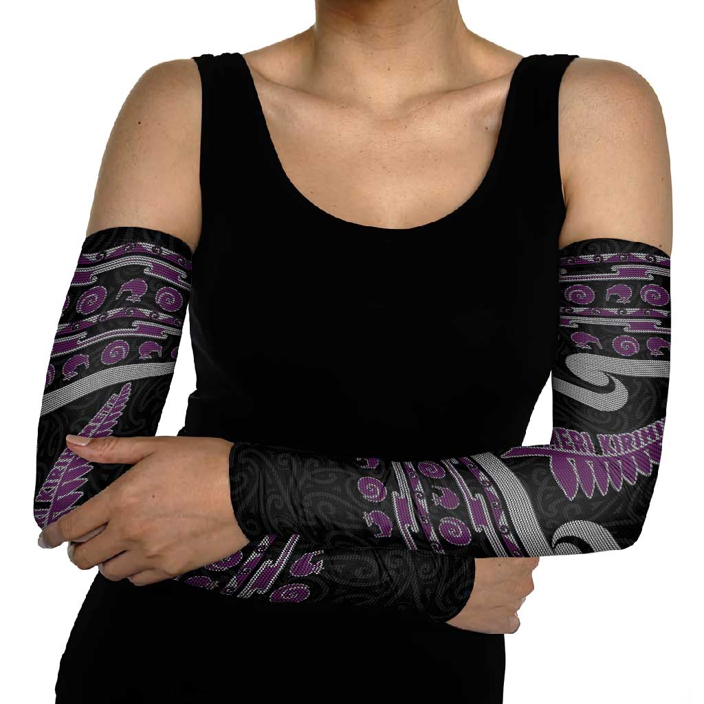 New Zealand Christmas Arm Sleeves Meri Kirihimete Silver Fern Knit Style Purple Color LT03 - Polynesian Pride