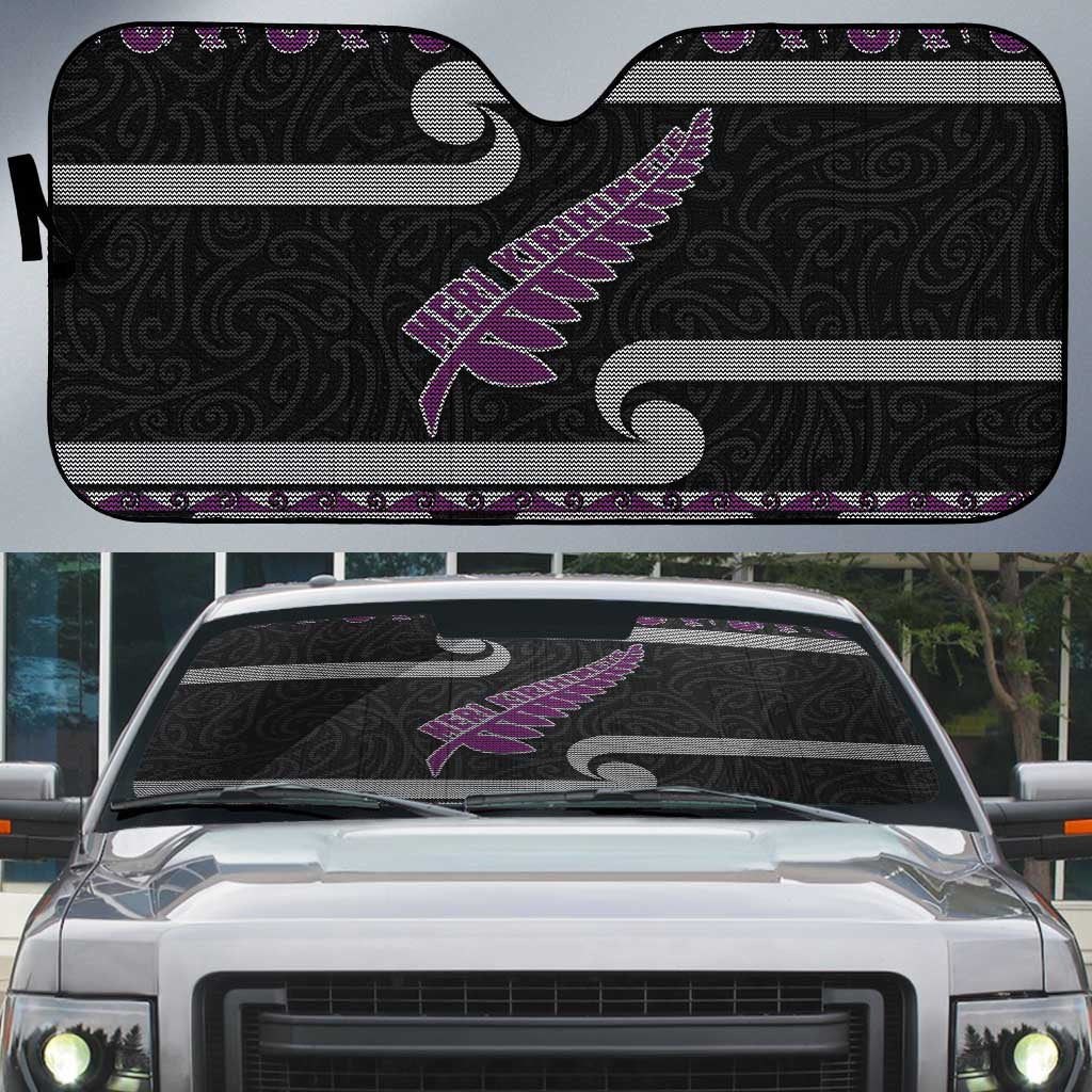 New Zealand Christmas Auto Sun Shade Meri Kirihimete Silver Fern Knit Style Purple Color - Polynesian Pride