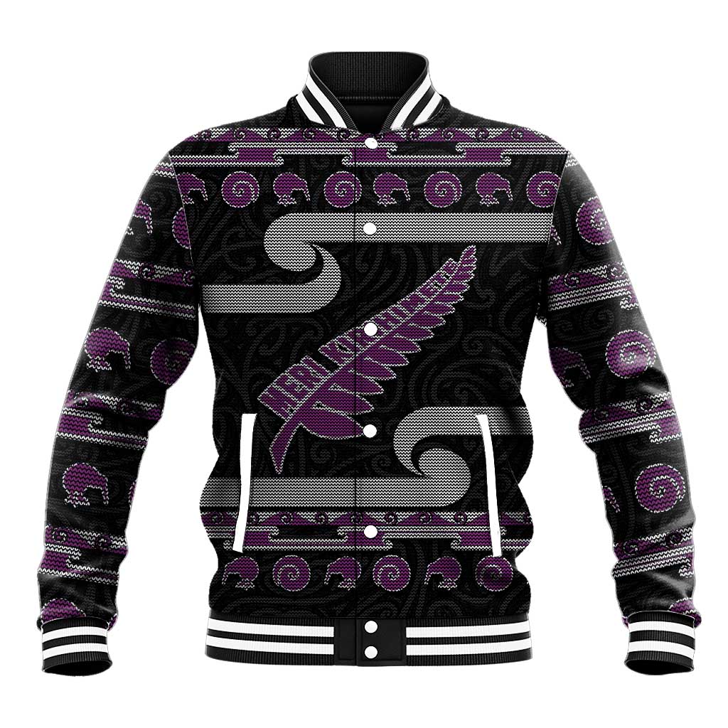 New Zealand Christmas Baseball Jacket Meri Kirihimete Silver Fern Knit Style Purple Color - Polynesian Pride