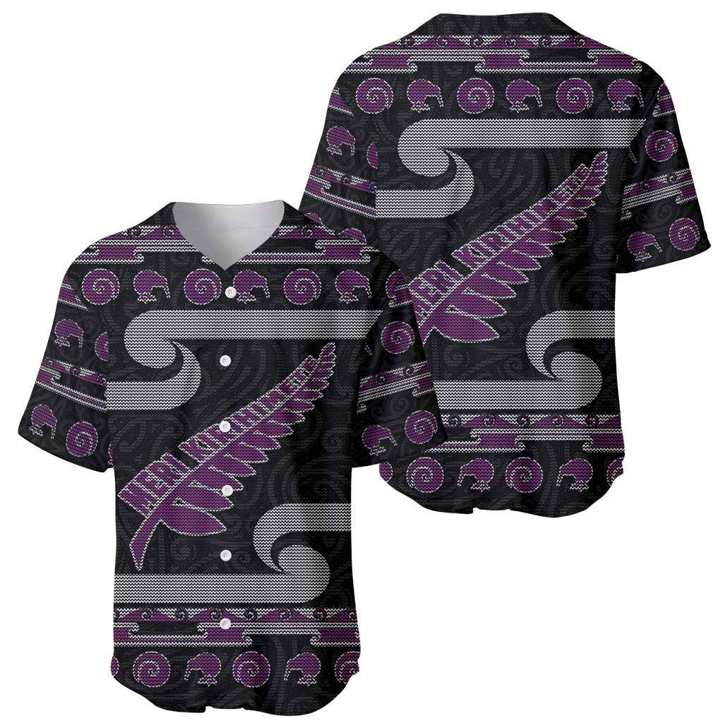 New Zealand Christmas Baseball Jersey Meri Kirihimete Silver Fern Knit Style Purple Color - Polynesian Pride