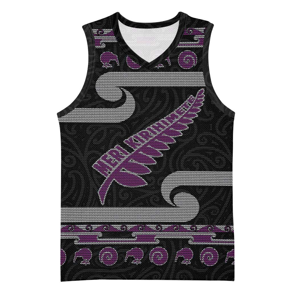 New Zealand Christmas Basketball Jersey Meri Kirihimete Silver Fern Knit Style Purple Color - Polynesian Pride