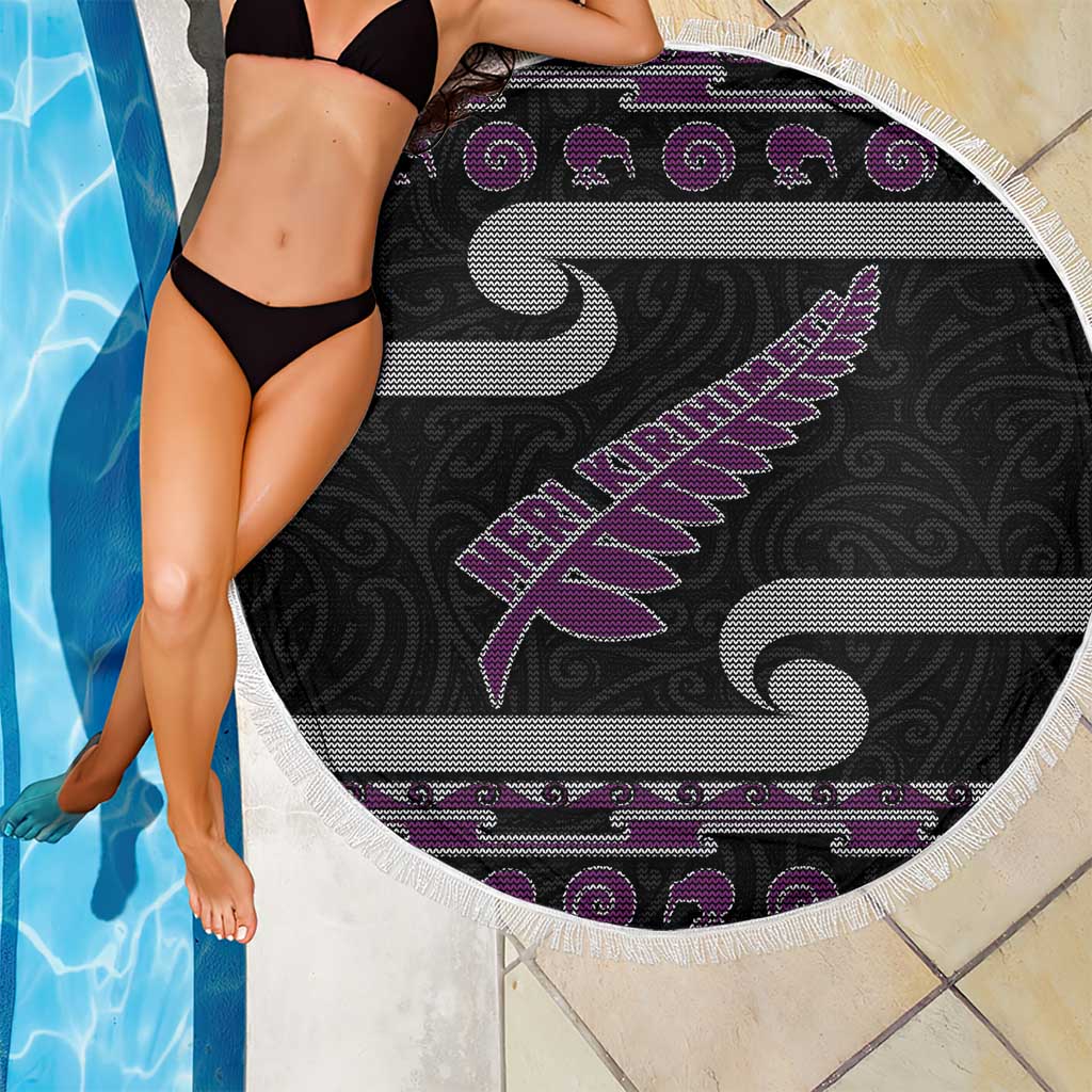 New Zealand Christmas Beach Blanket Meri Kirihimete Silver Fern Knit Style Purple Color LT03 - Polynesian Pride