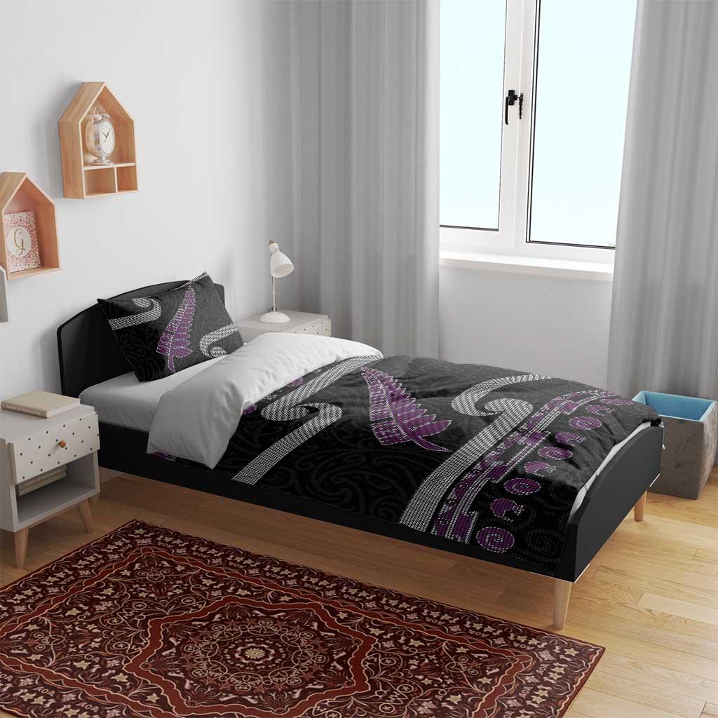 New Zealand Christmas Bedding Set Meri Kirihimete Silver Fern Knit Style Purple Color - Polynesian Pride