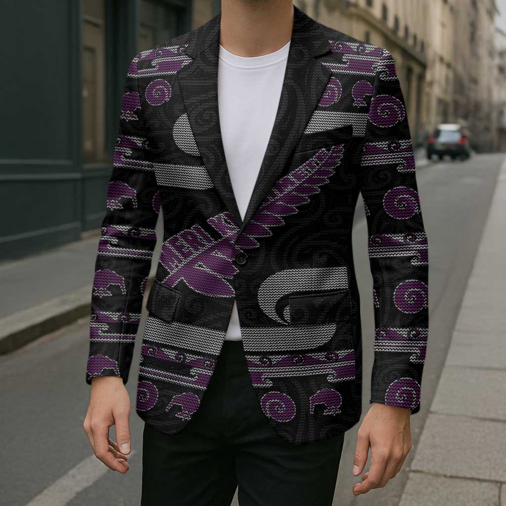New Zealand Christmas Blazer Meri Kirihimete Silver Fern Knit Style Purple Color LT03 - Polynesian Pride