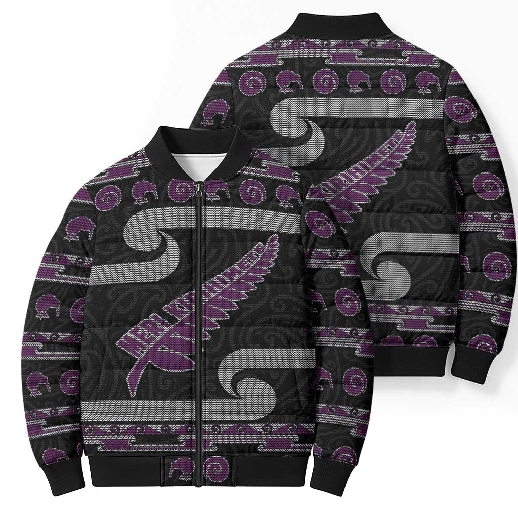 New Zealand Christmas Bomber Puffer Jacket Meri Kirihimete Silver Fern Knit Style Purple Color - Polynesian Pride
