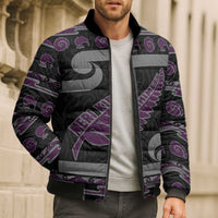 New Zealand Christmas Bomber Puffer Jacket Meri Kirihimete Silver Fern Knit Style Purple Color - Polynesian Pride