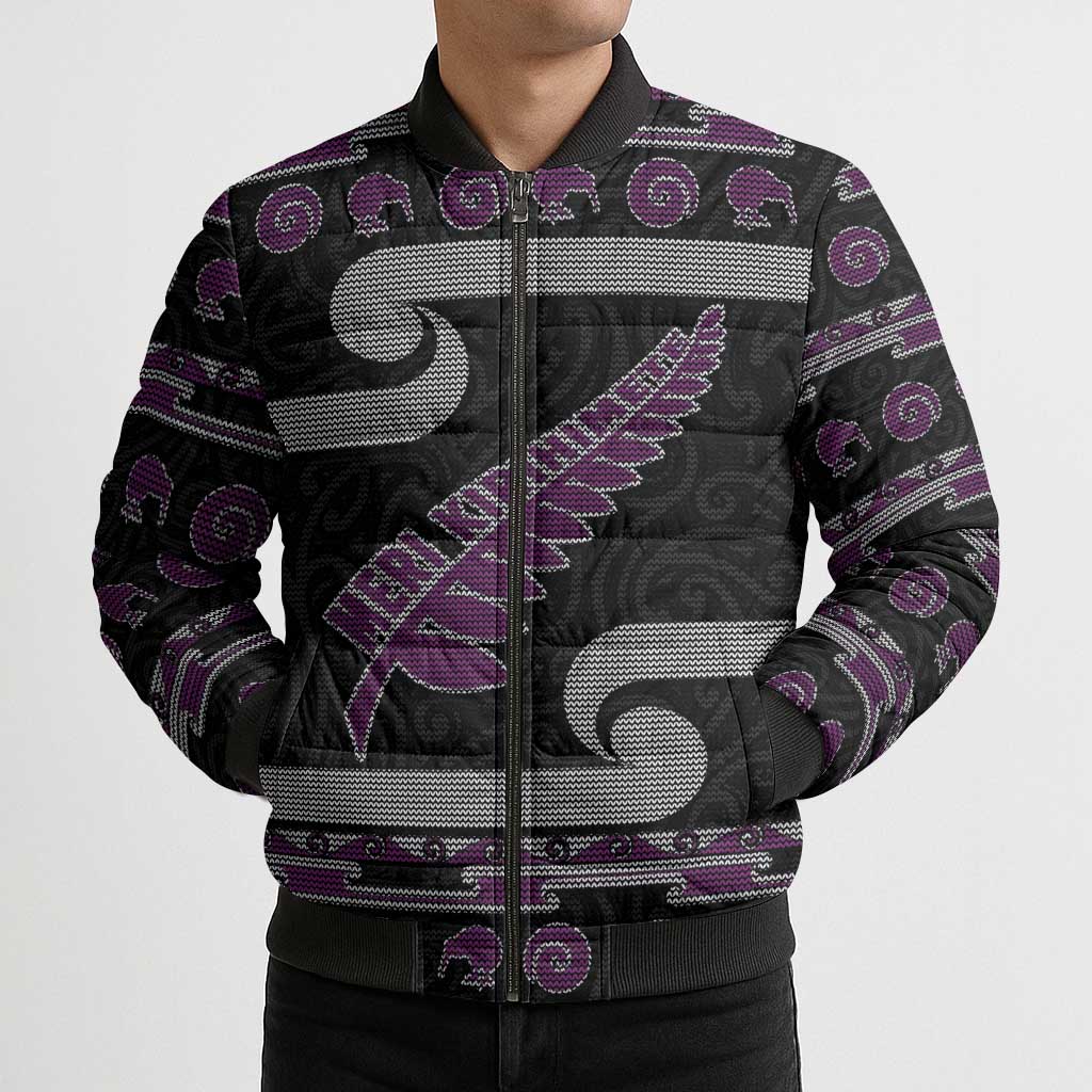 New Zealand Christmas Bomber Puffer Jacket Meri Kirihimete Silver Fern Knit Style Purple Color - Polynesian Pride
